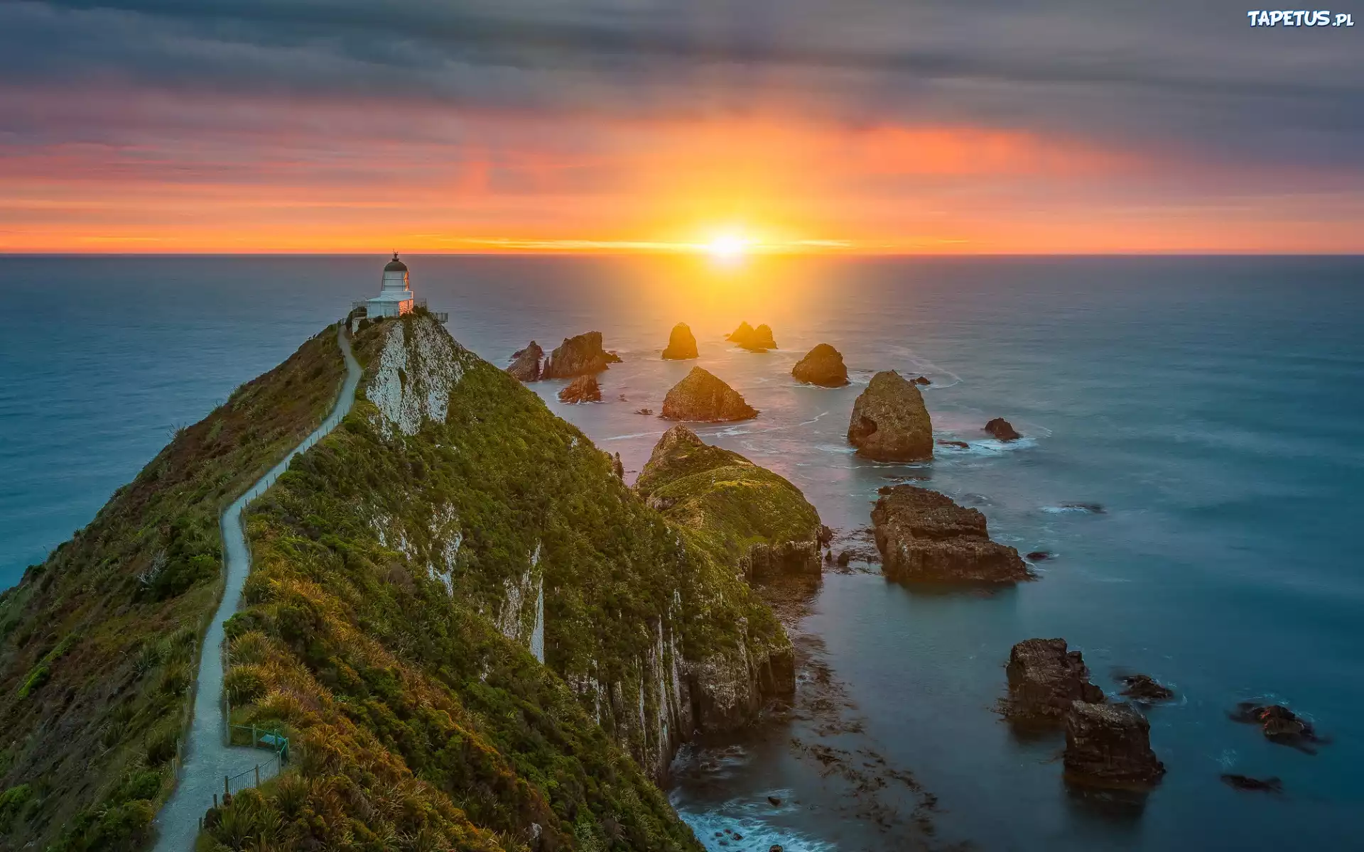 Nowa Zelandia, Region Otago, Latarnia morska, Nugget Point Fighthouse, Morze, Wschód słońca, Skały