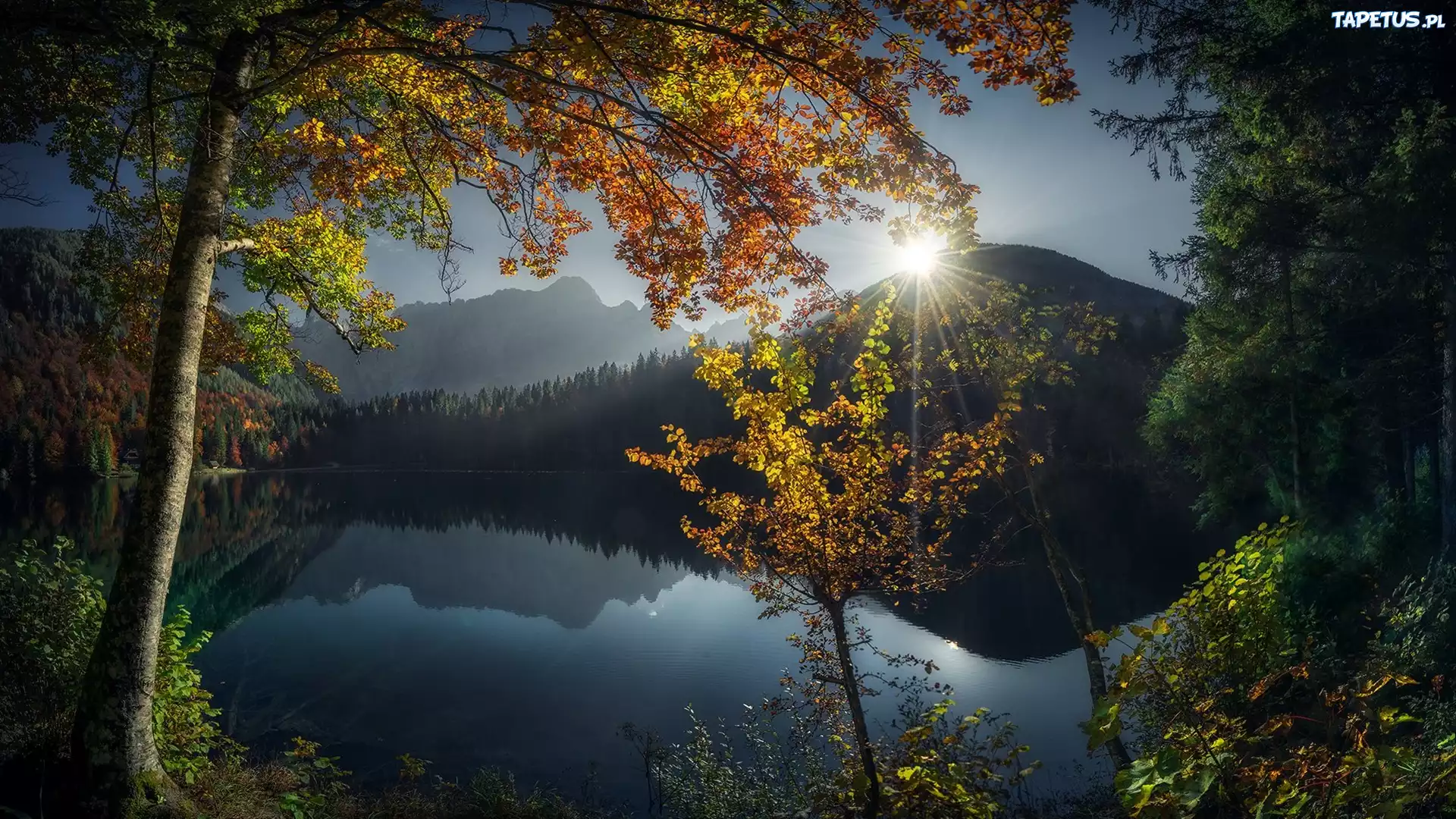 G?ry, Alpy Julijskie, Jezioro, Laghi di Fusine, Drzewa, Jesie?, Promienie s?o?ca, Prowincja Udine, W?ochy