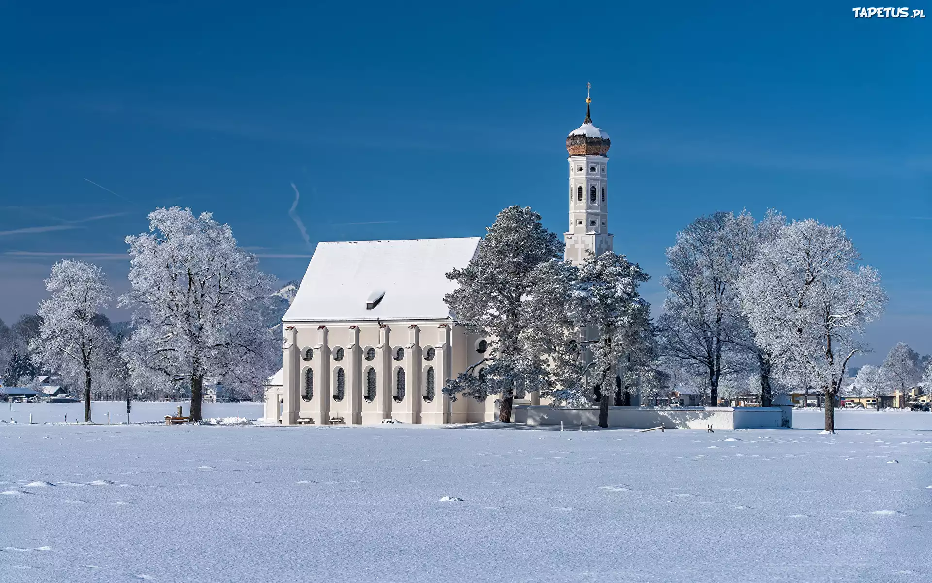 Zima, G?ry, Alpy, Drzewa, Ko?ci??, Eglise Saint Coloman, Region Allgau, Bawaria, Niemcy
