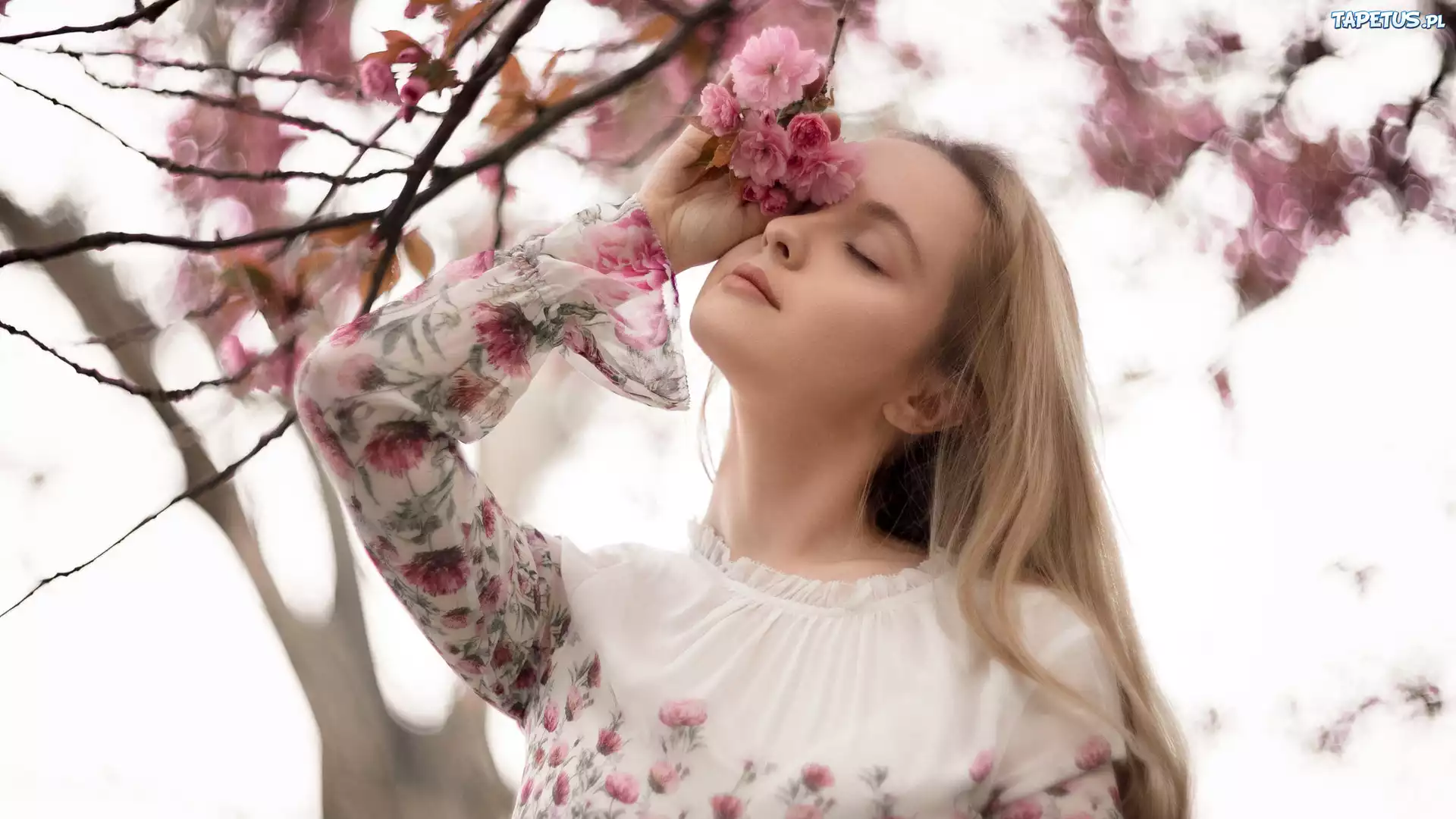 Dziewczyna, Blondynka, Kwitn?ce, Drzewo owocowe