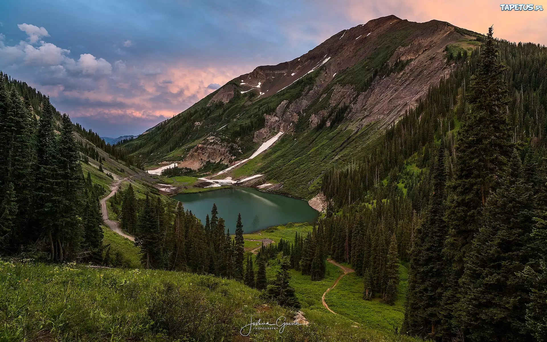 G?ry, Elk Mountains, ?cie?ki, Prze??cz, Schofield Pass, Jezioro, Emerald Lake, Las, Drzewa, ?wierki, Zach?d s?o?ca, Hrabstwo Delta, Stan Kolorado, Stany Zjednoczone