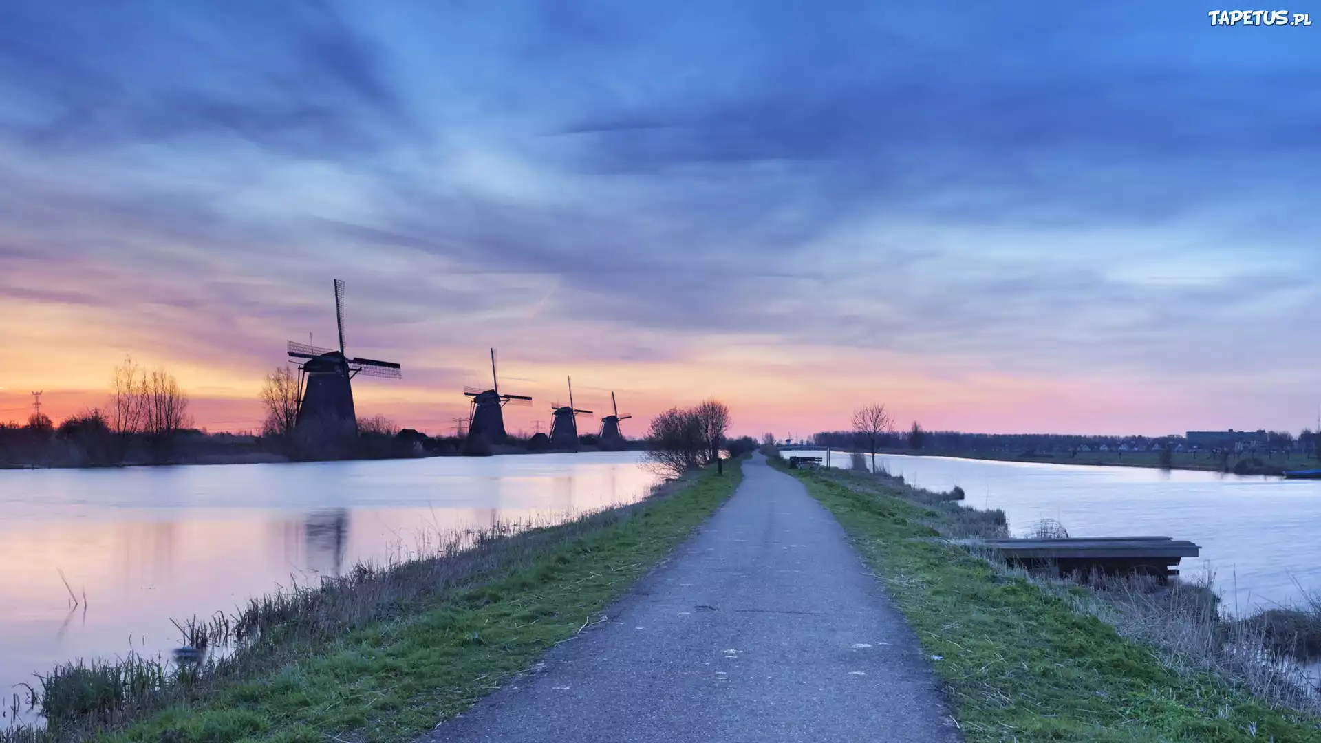 Wiatraki, Rzeka, Wsch?d s?o?ca, Niebo, Drzewa, Droga, Wie? Kinderdijk, Holandia