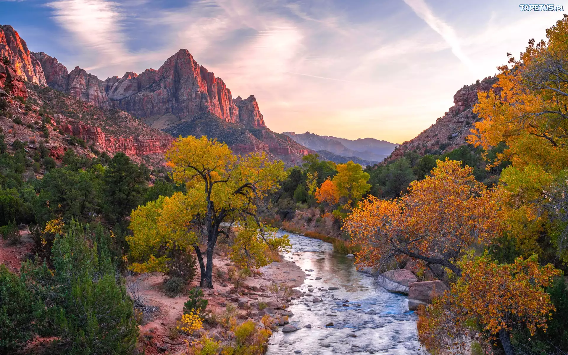 Stany Zjednoczone, Stan Utah, Park Narodowy Zion, G?ry Watchman, Rzeka, Virgin River, Kamienie, Drzewa, Wsch?d s?o?ca
