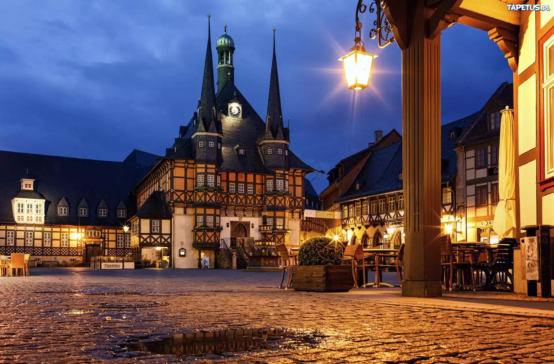 Miasto, Wernigerode, Rynek, Ratusz, ?wiat?a, Noc, Niemcy