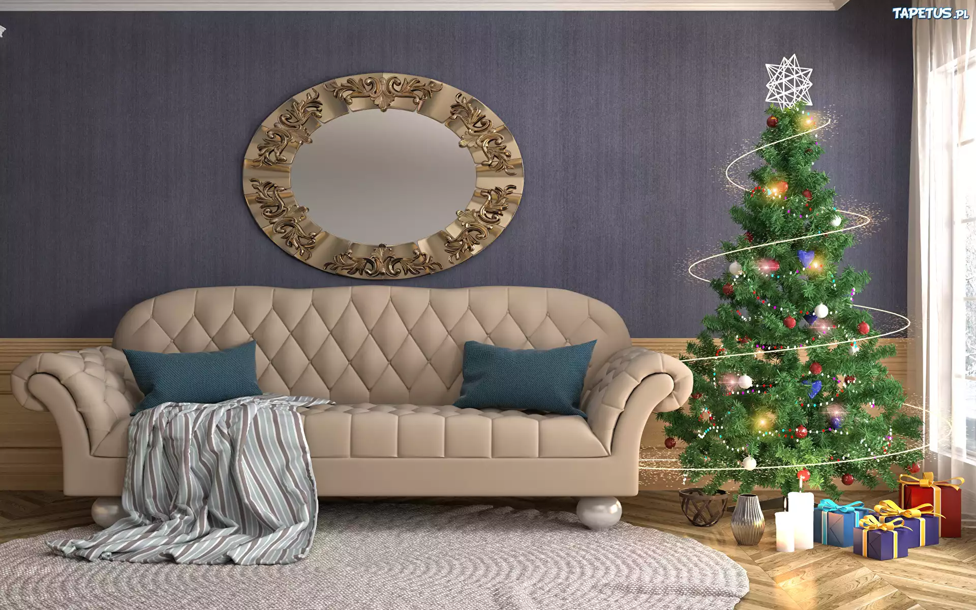 Salon, Choinka, Sofa, Lustro, Dywan, Prezenty, 2D, Bo?e Narodzenie