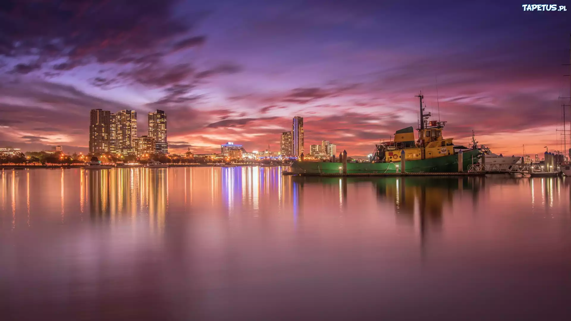 Miasto, Gold Coast, Morze, ??dka, Wie?owce, Niebo, Zach?d s?o?ca, Stan Queensland, Australia