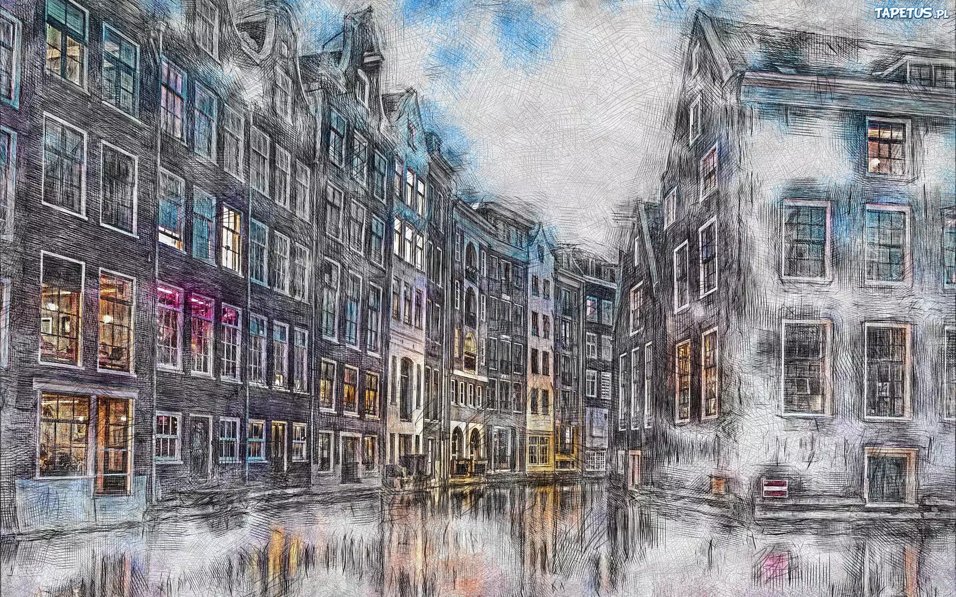 Grafika, Amsterdam, Holandia, Domy, Rzeka