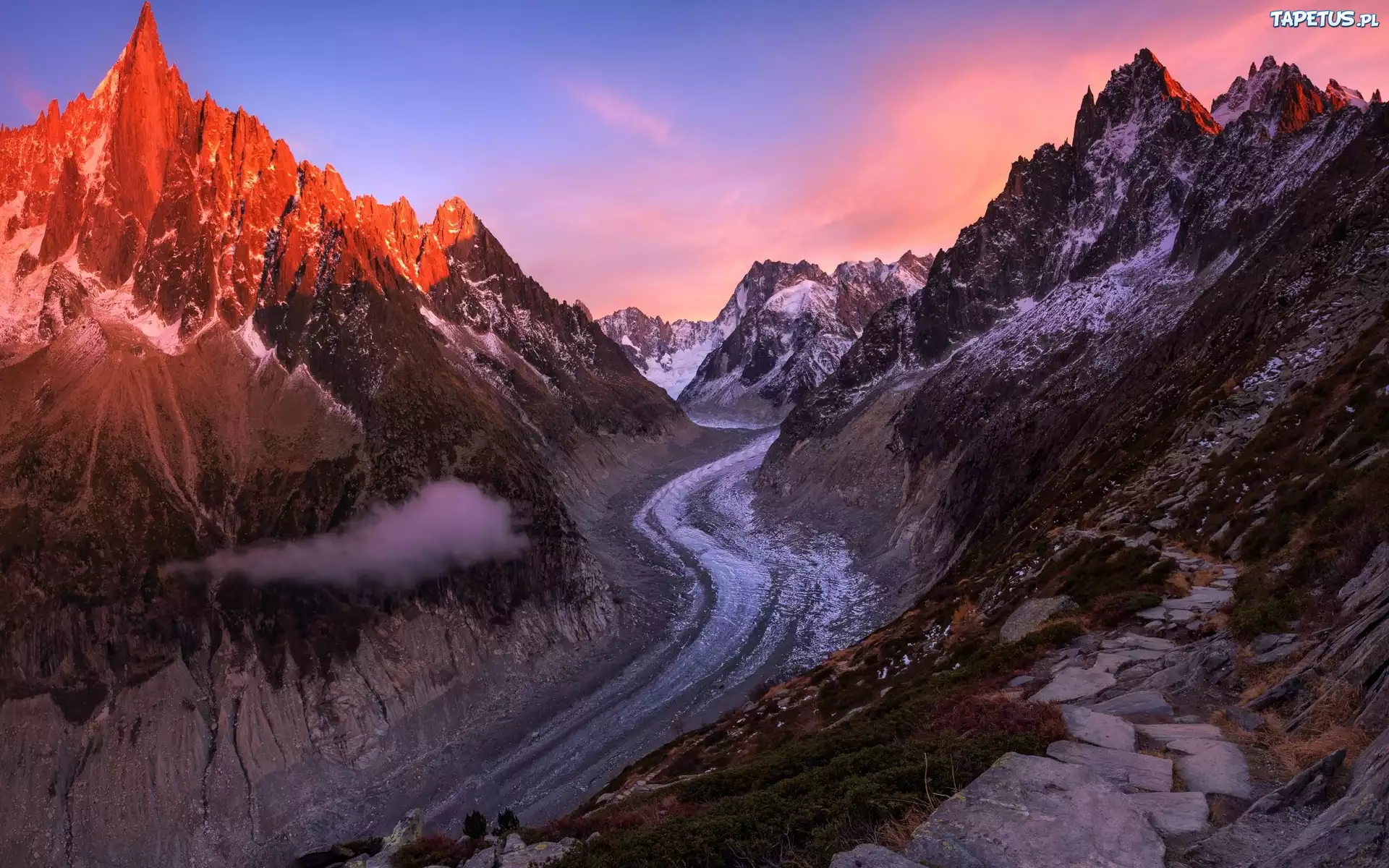 Góry, Alpy, Masyw, Mont Blanc, Lodowiec, Mer de Glace, Zachód słońca, Francja