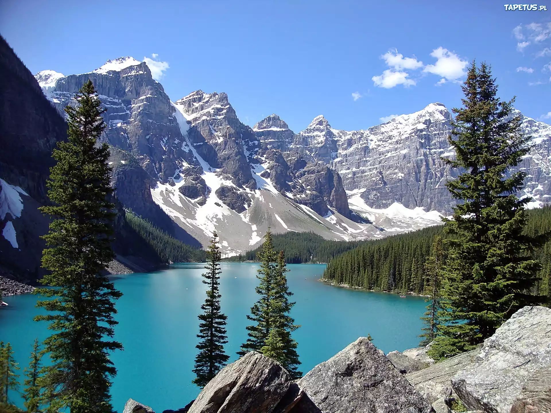 Kanada, Park Narodowy Banff, Góry, Lasy, Jezioro Moraine, Skały, Świerki
