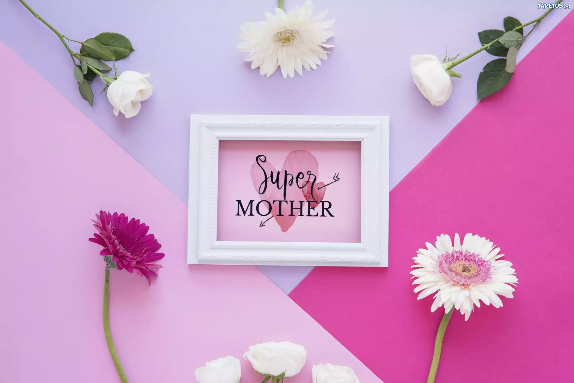 Dzień Matki, Biała, Ramka, Napis, Super Mother, Kolorowe, Kwiaty