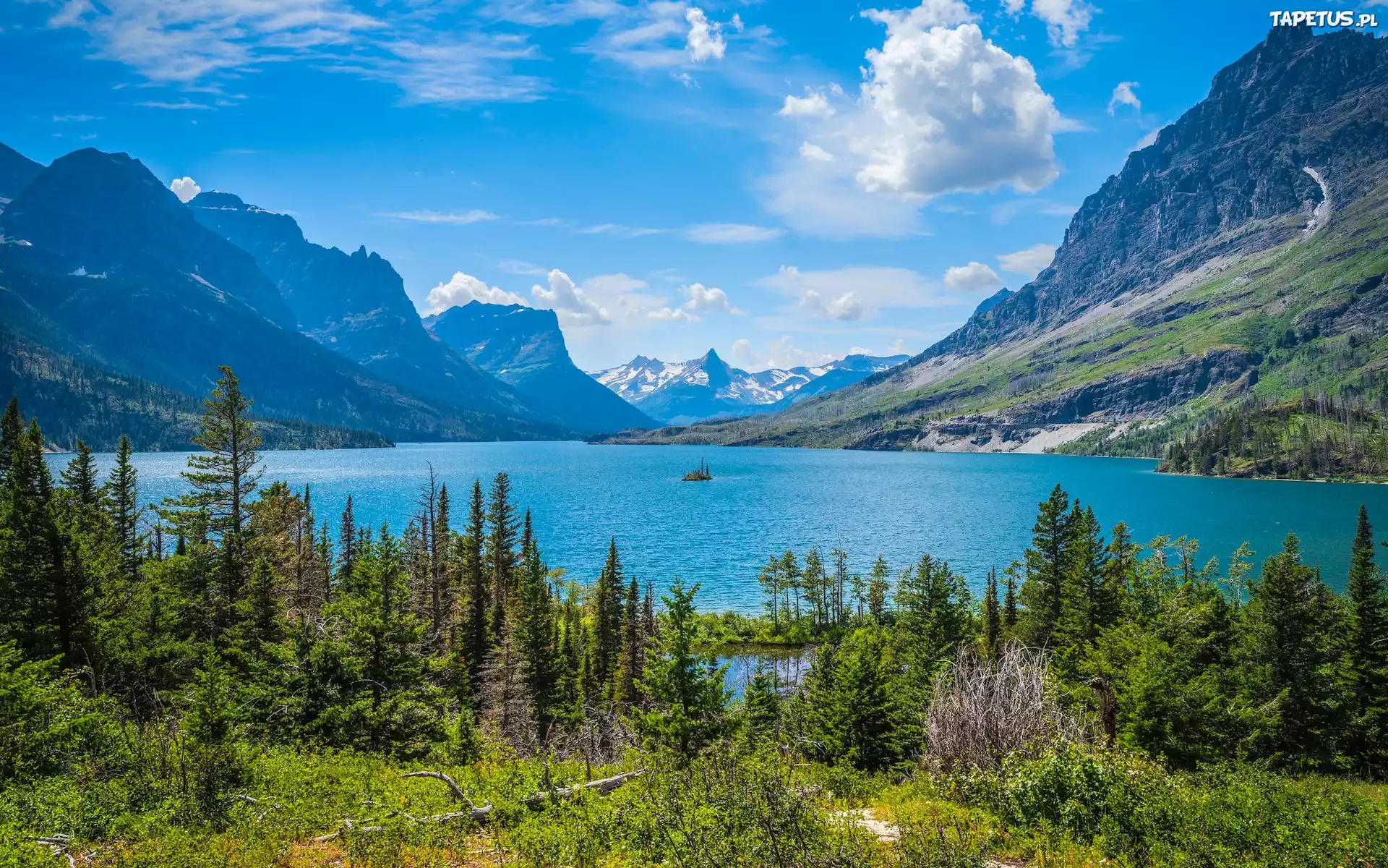 Stany Zjednoczone, Montana, Park Narodowy Glacier, Jezioro, Saint Mary Lake, Góry, Drzewa, Wysepka