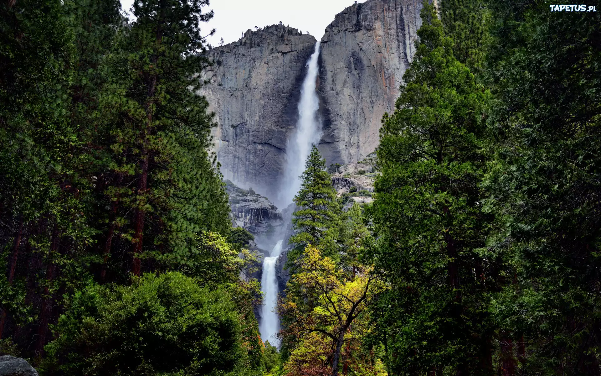 Góry, Drzewa, Skały, Wodospad, Upper Yosemite Falls, Park Narodowy Yosemite, Kalifornia, Stany Zjednoczone