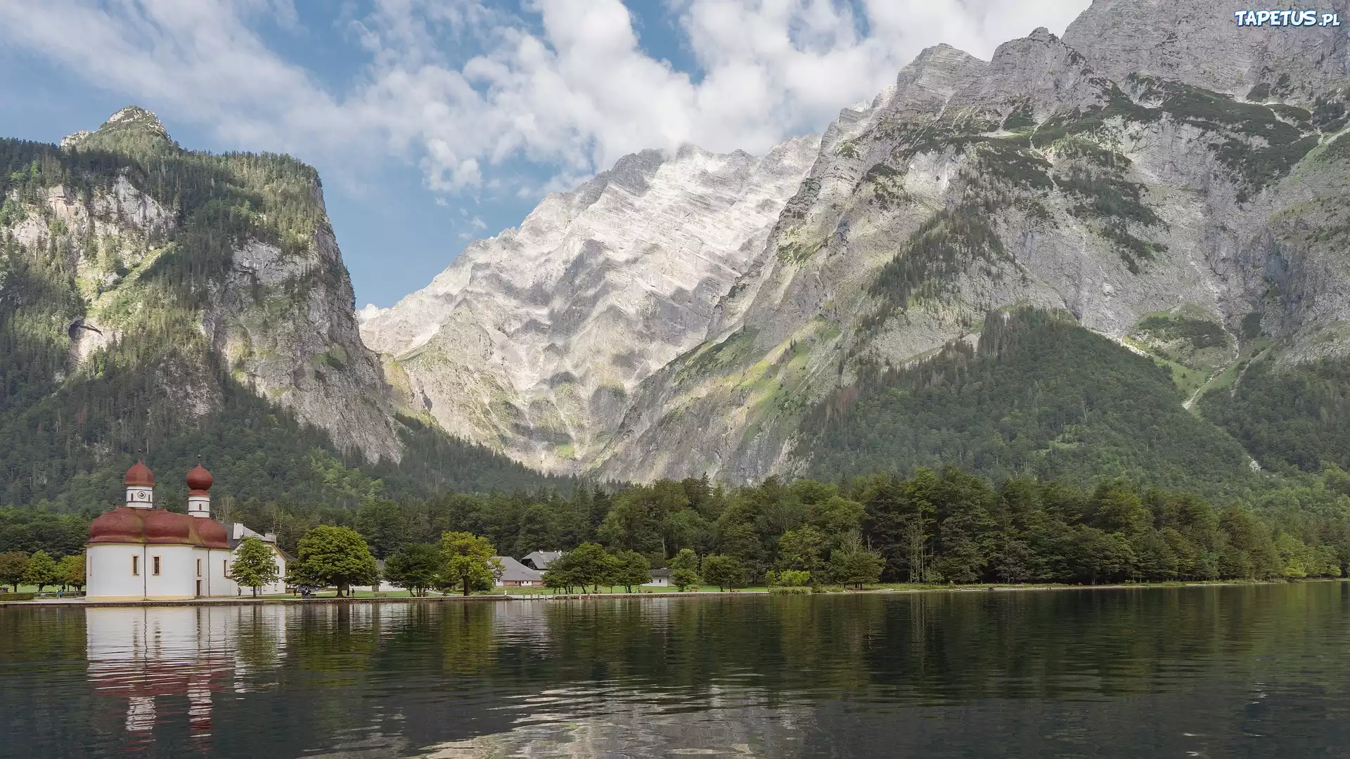 Kościół, Sanktuarium Św Bartłomieja, Jezioro, Koenigssee, Góry, Bawaria, Niemcy