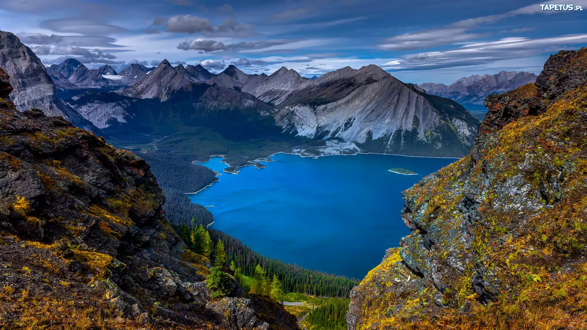 Góry, Skały, Jezioro, Rawson Lake, Drzewa, Alberta, Kanada