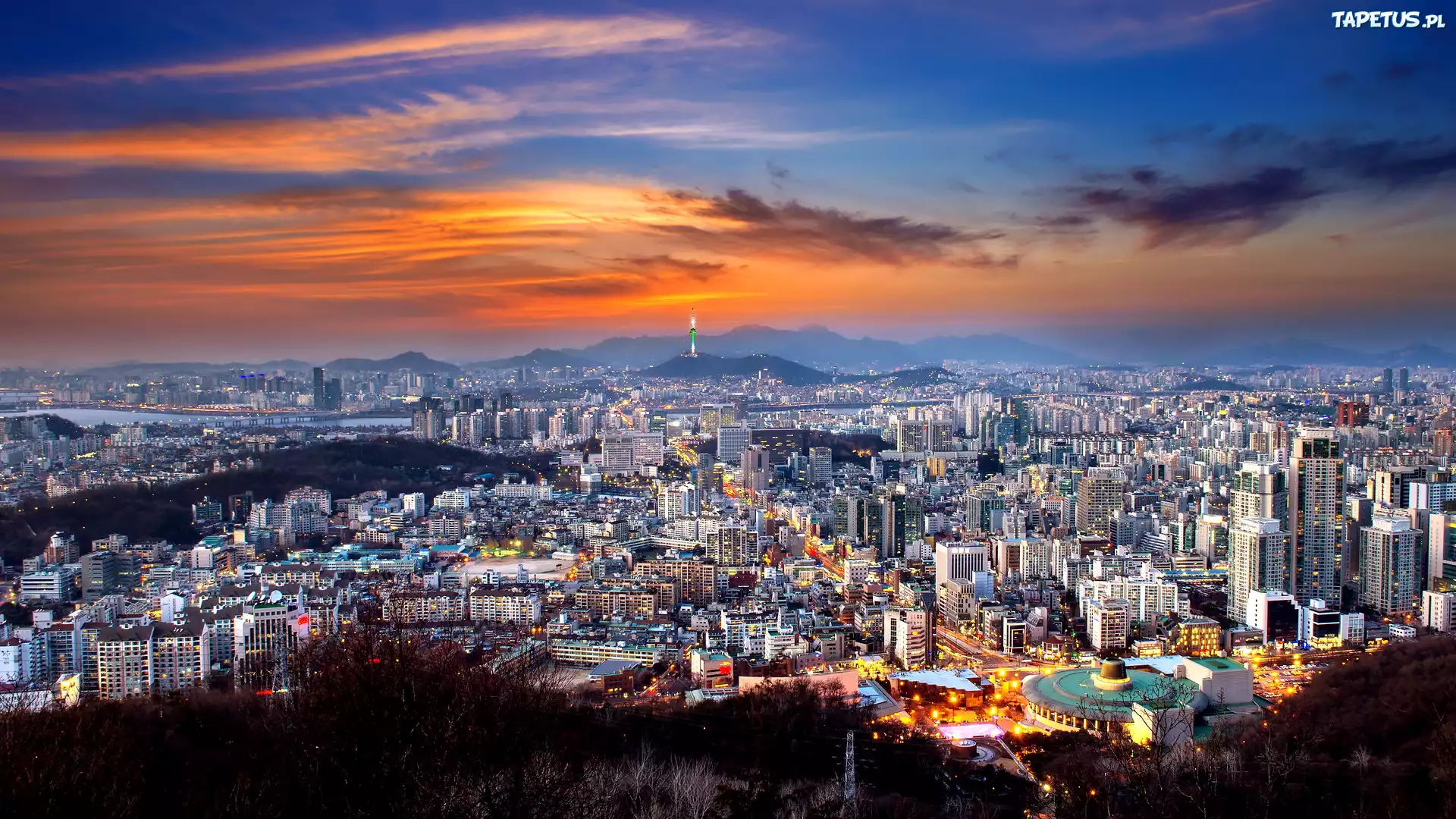 Korea Południowa, Seul, Miasto, Domy, Zachód słońca