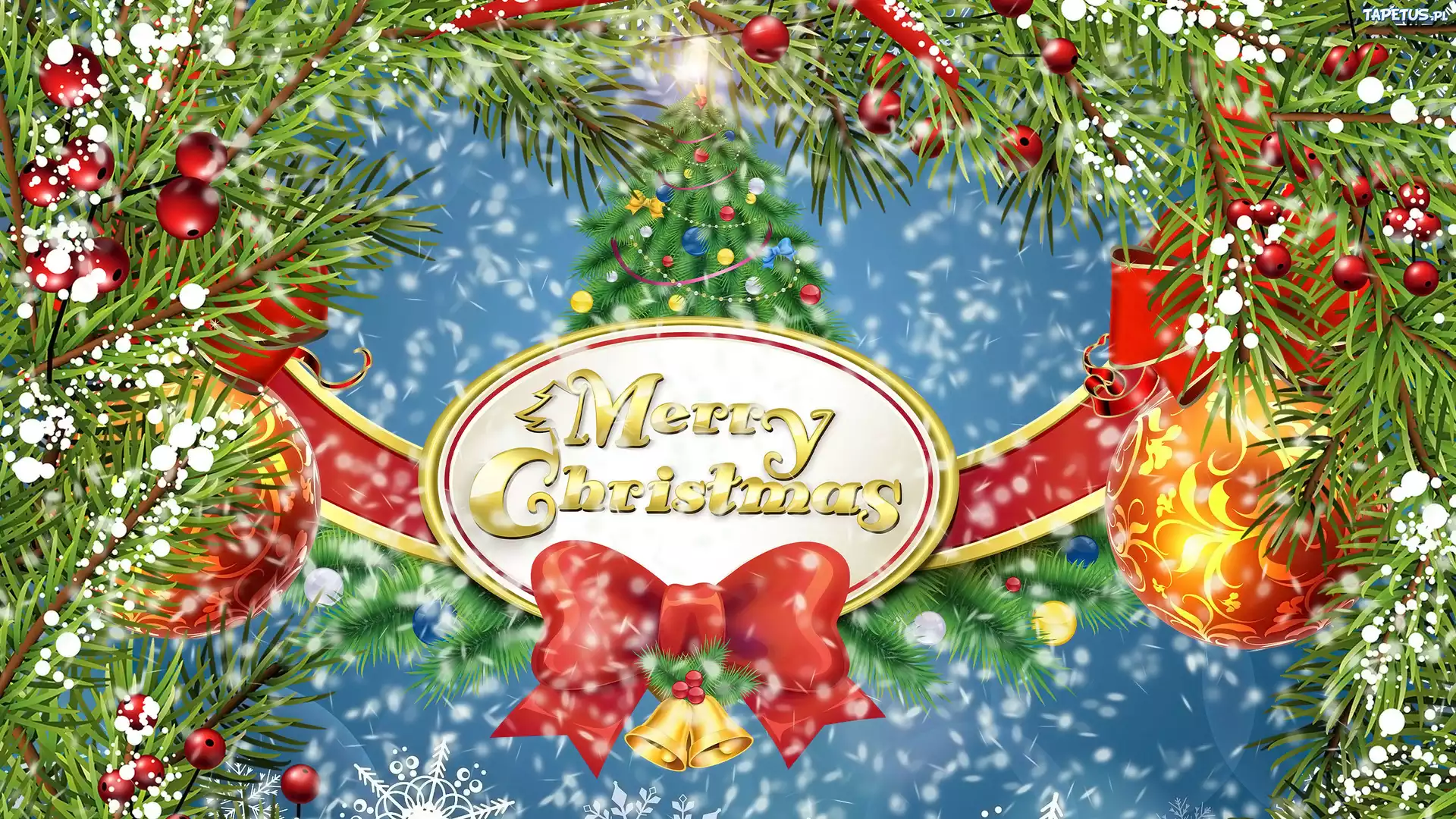 Boże Narodzenie, Bombki, Gałązki, Grafika, Życzenia, Merry Christmas