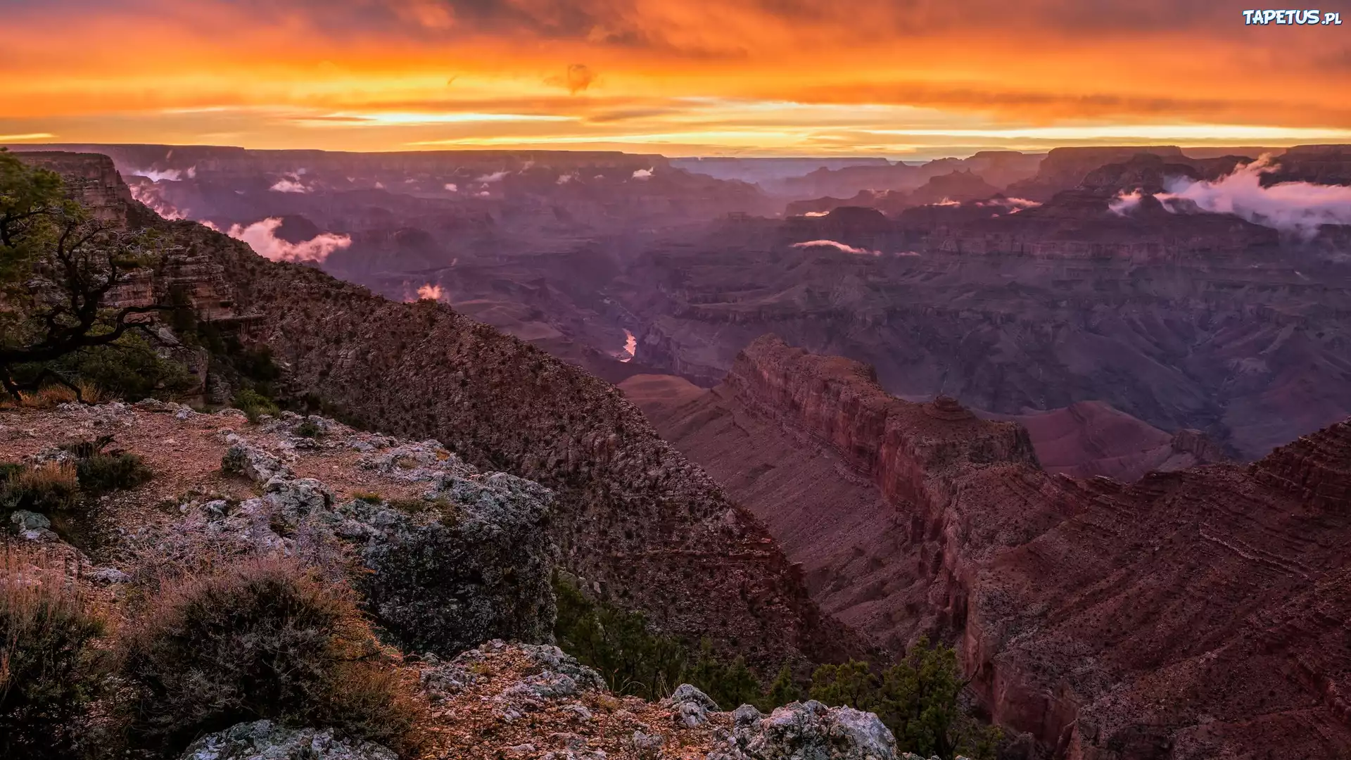 Zachód słońca, Kaniony, Park Narodowy Wielkiego Kanionu, Arizona, Stany Zjednoczone