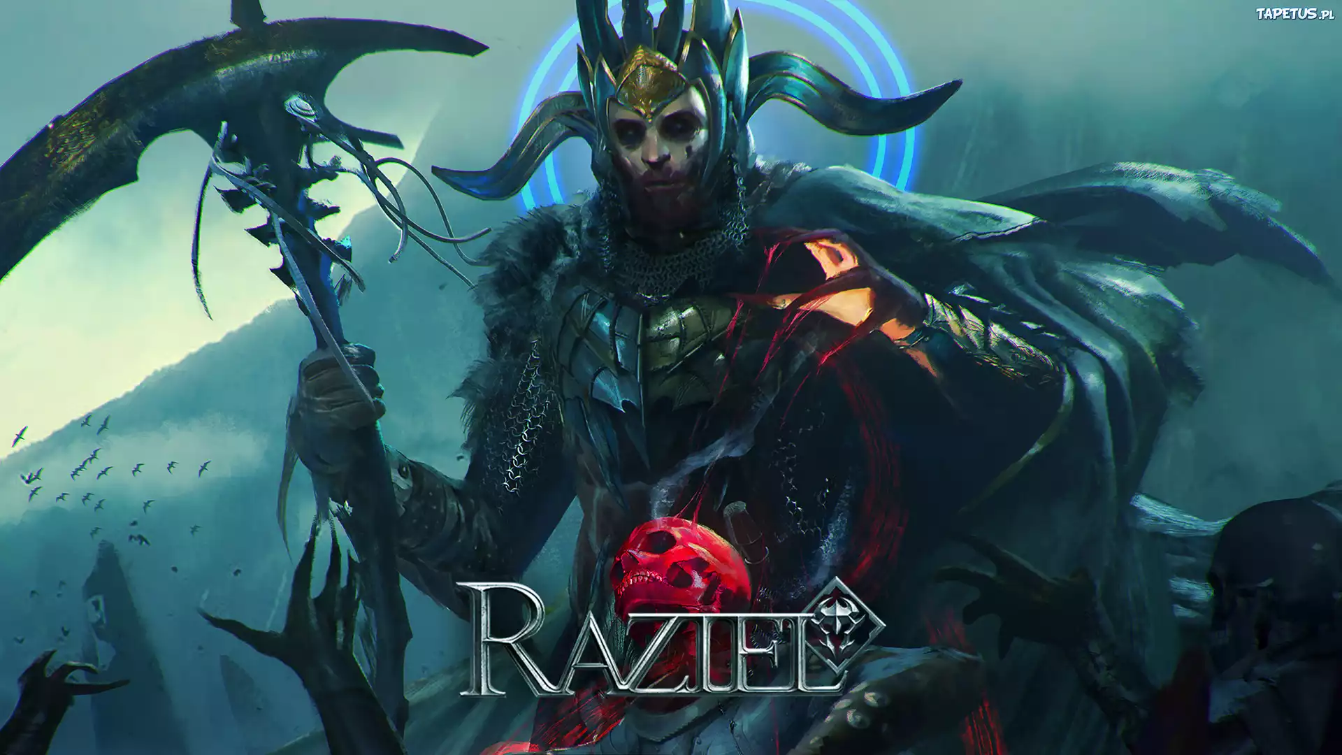 Gra, Raziel Dungeon Arena, Postać, Władca, Król, Korona, Kosa, Czaszka, Plakat