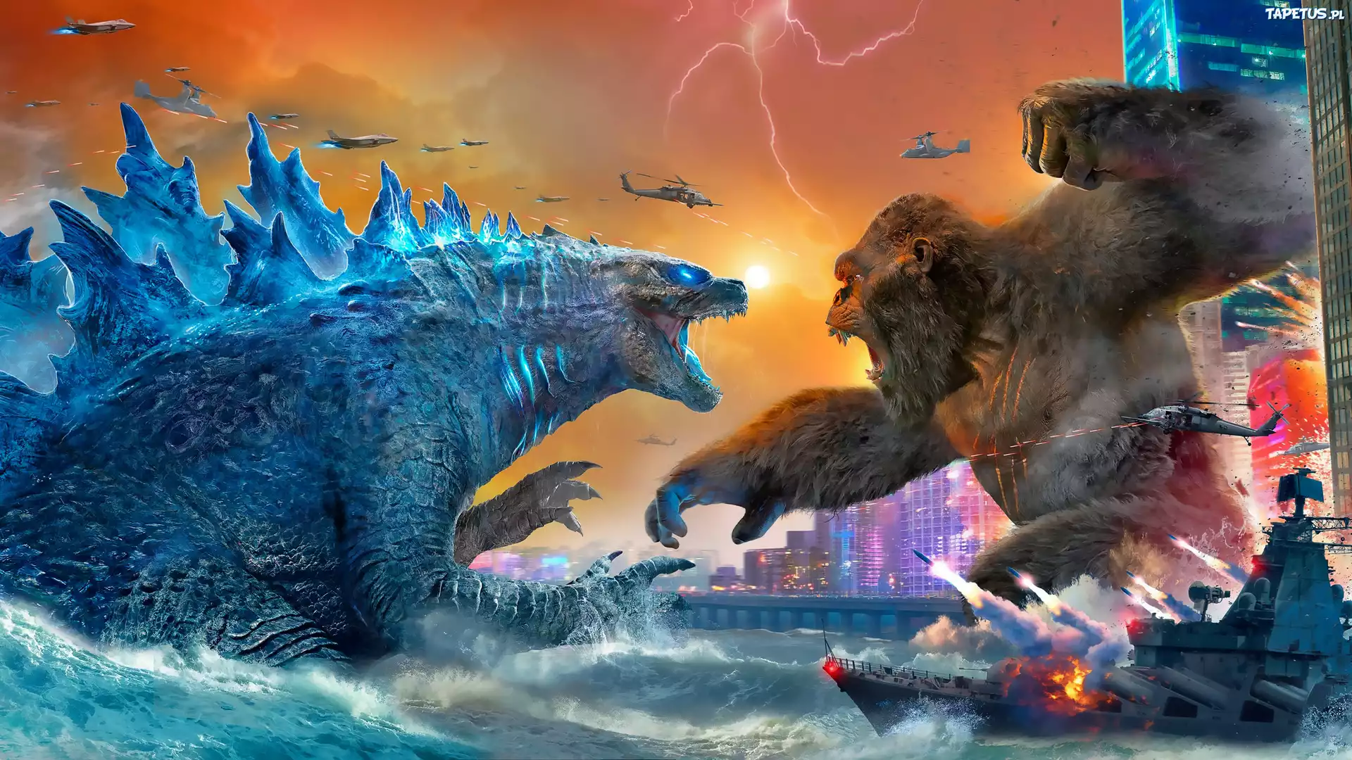 Film, Godzilla vs Kong, Postaci, Godzilla, Kong, Walka, Statek, Helikoptery, Morze, Samoloty, Budynki, Plakat