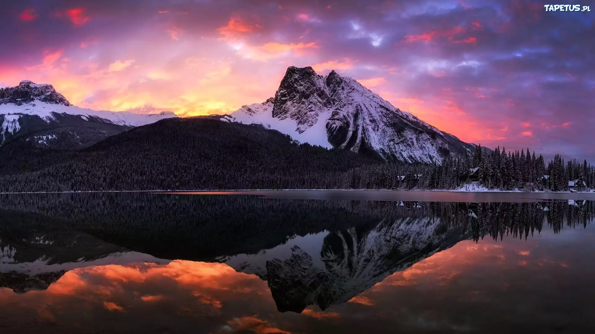 Góry, Jezioro, Emerald Lake, Las, Drzewa, Chmury, Zachód słońca, Park Narodowy Yoho, Kolumbia Brytyjska, Kanada