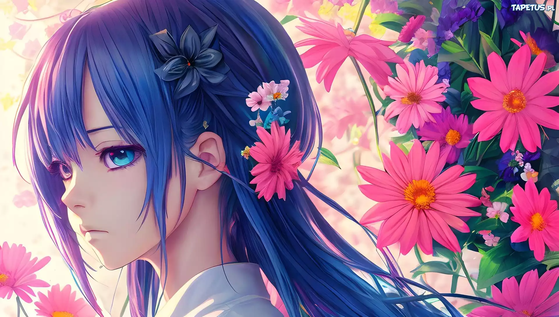 Dziewczyna, Kwiaty, Włosy, Manga, Anime