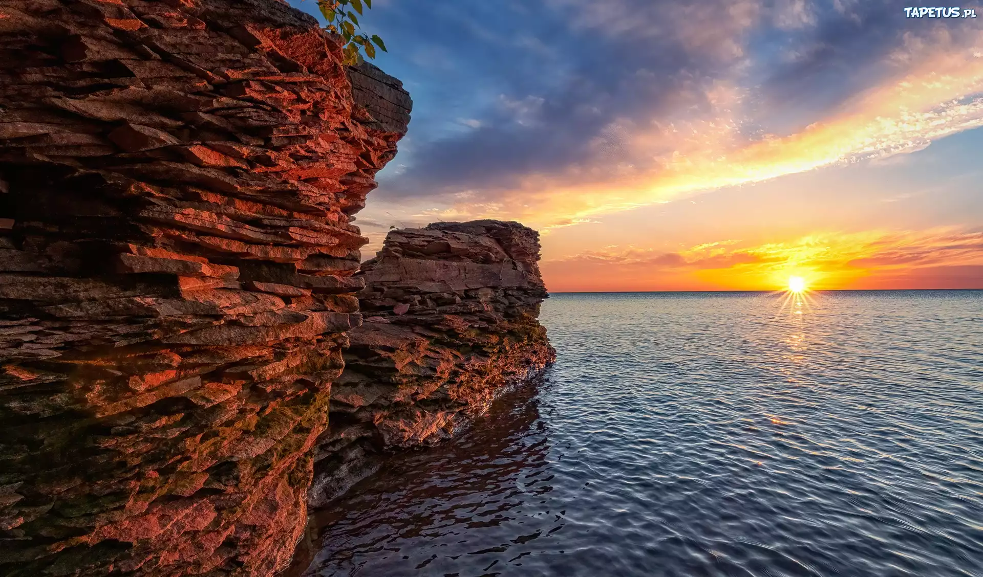 Stany Zjednoczone, Stan Michigan, Skały, Jezioro, Superior Lake, Zachód słońca, Chmury