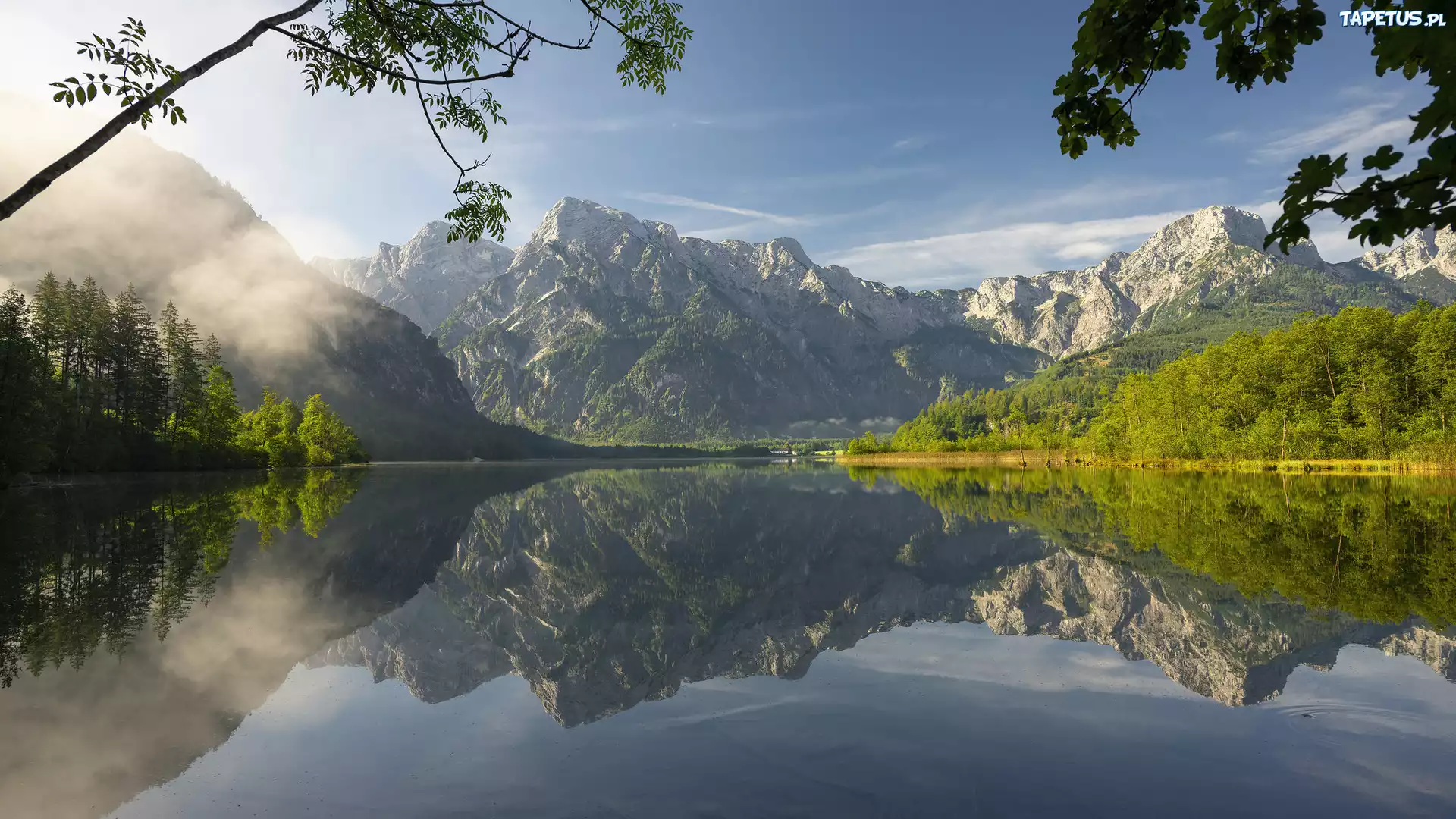 Góry, Jezioro, Almsee, Drzewa, Odbicie, Austria