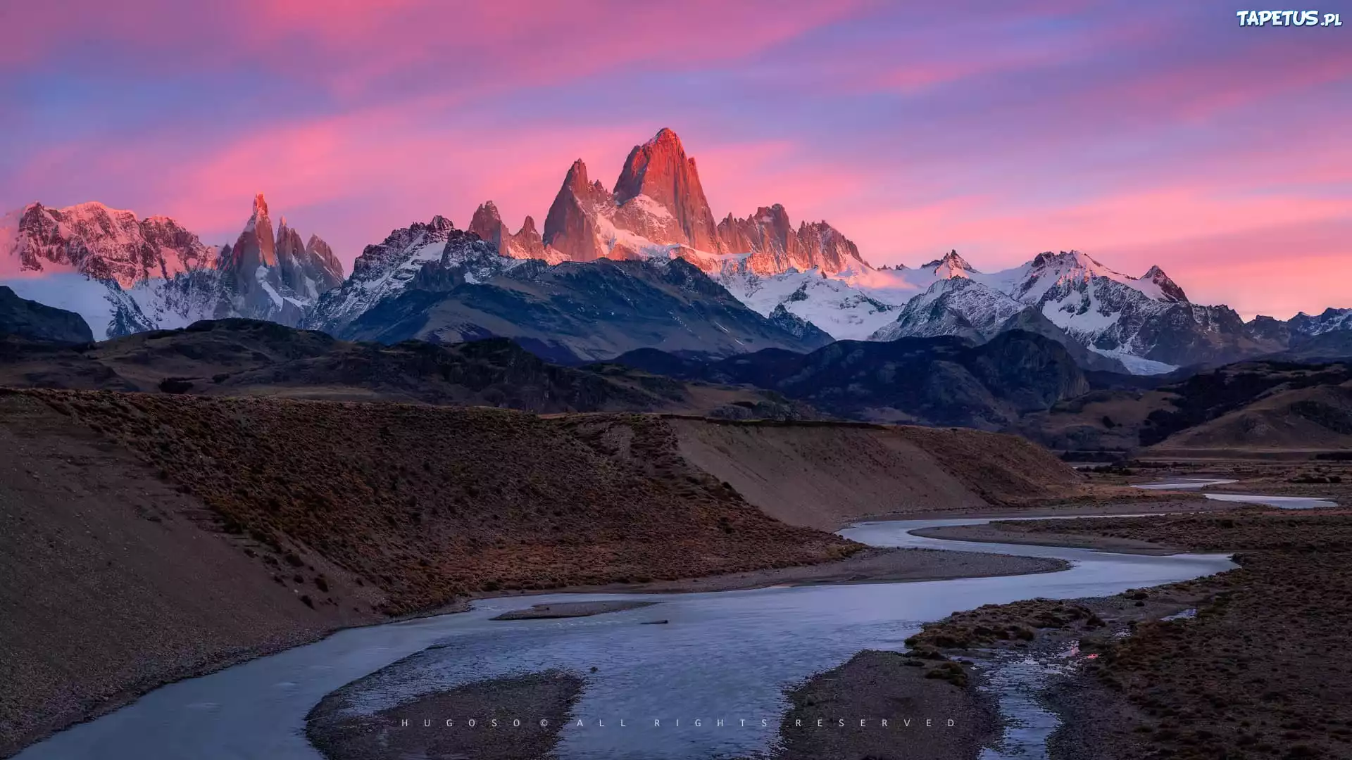 Argentyna, Patagonia, Góry, Andy, Szczyt, Fitz Roy, Wschód słońca, Rzeka, Park Narodowy Los Glaciares