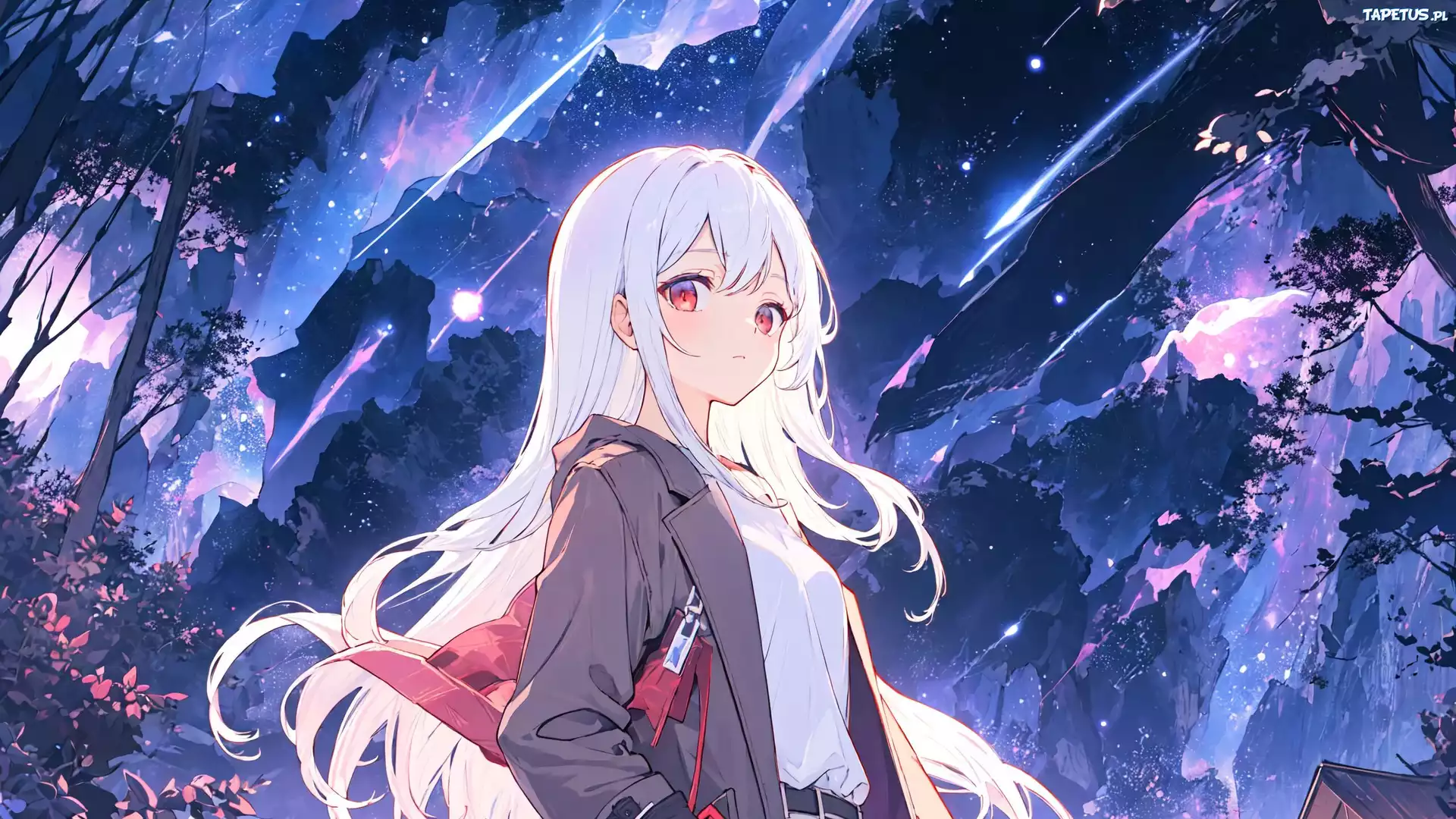 Dziewczyna, Blondynka, Płaszcz, Drzewa, Anime