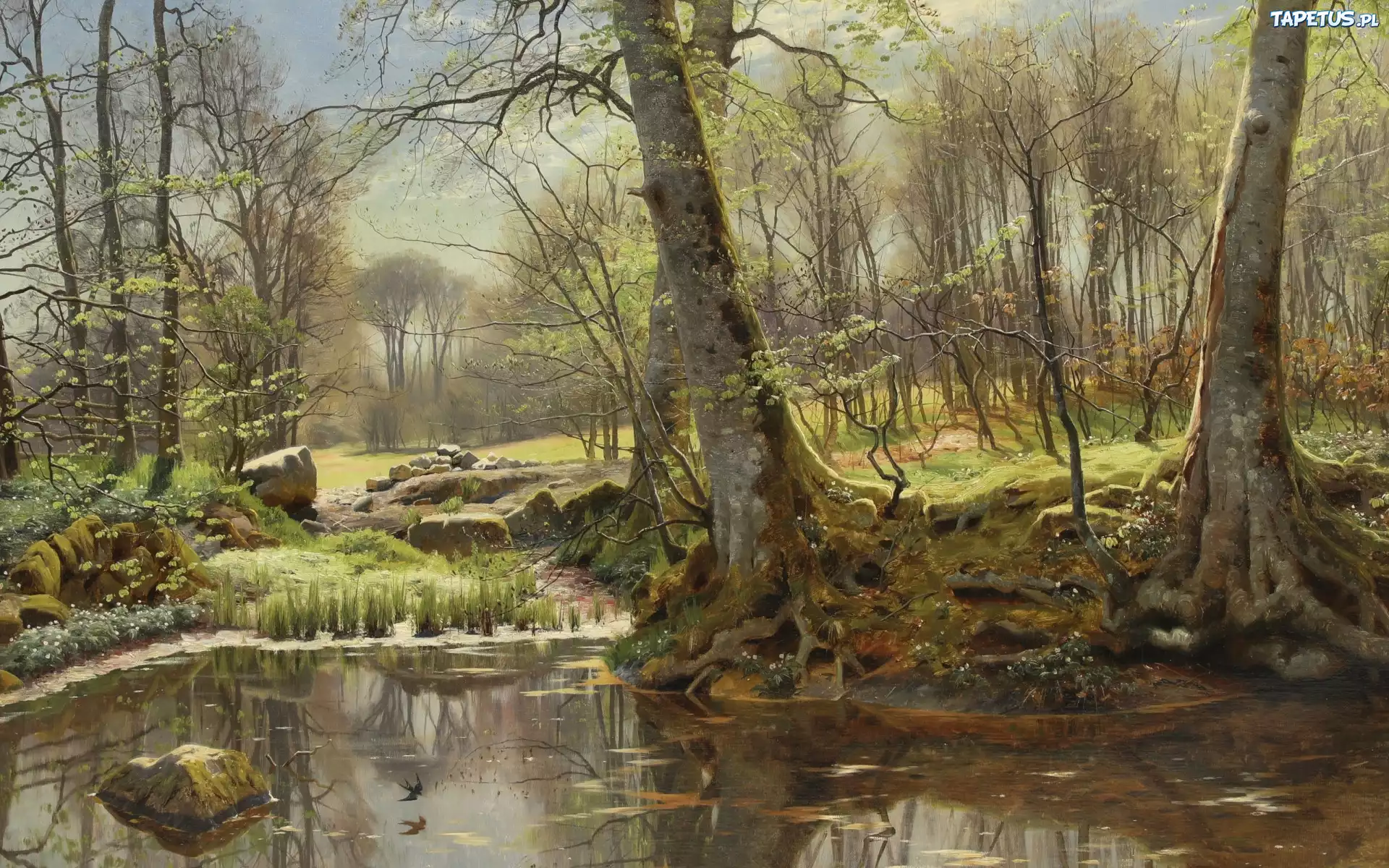 Reprodukcja obrazu, Peder Mork Monsted, Pejzaż, Rzeka, Drzewa, Roślinność