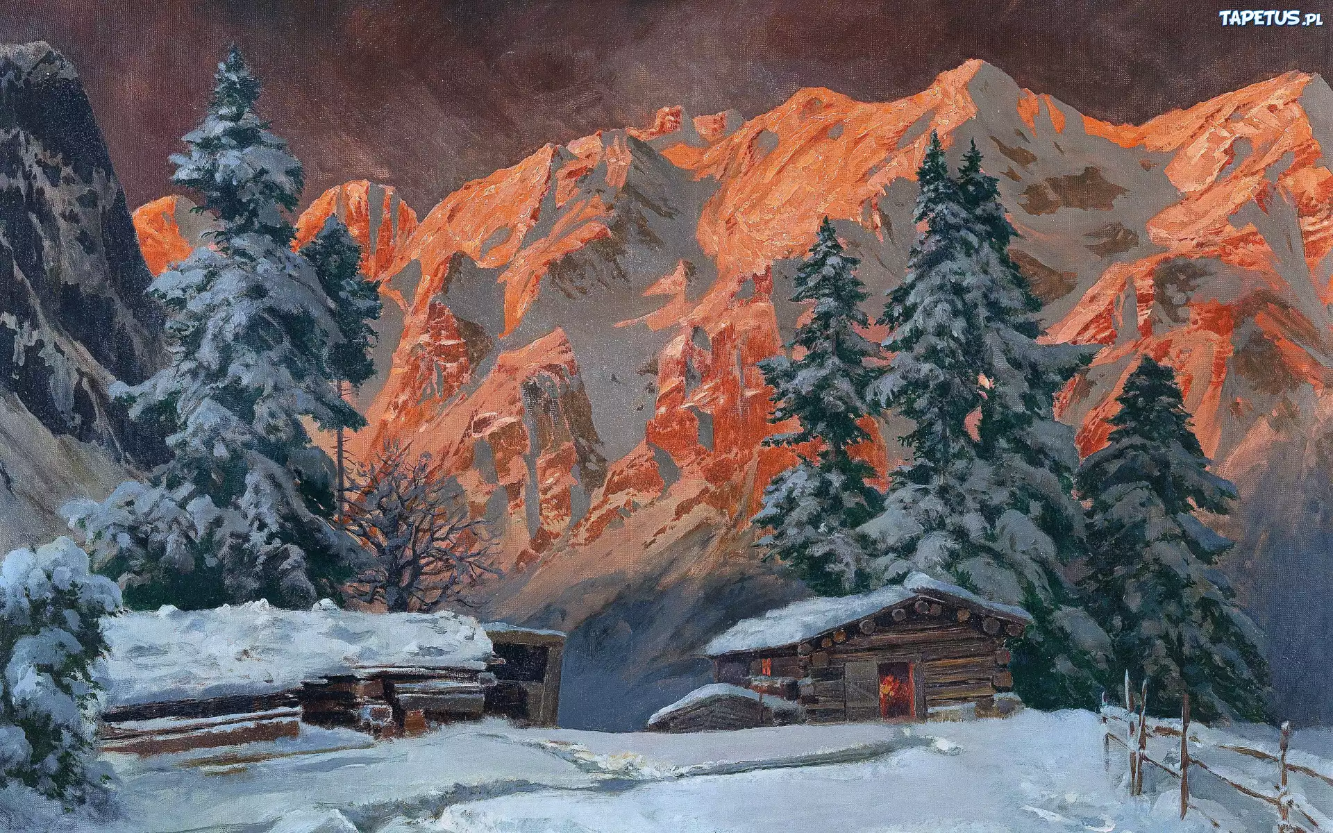 Dom, Szopa, Góry, Noc, Śnieg, Drzewa, Malarstwo, Obraz, Alois Arnegger