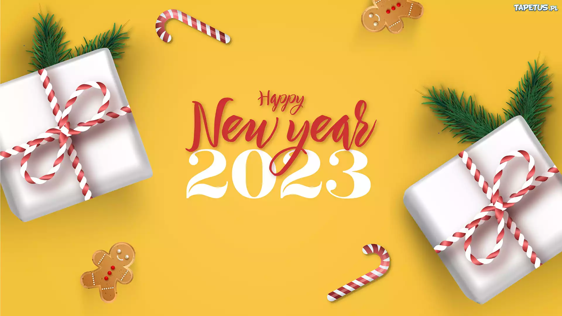 Nowy Rok, 2023, Prezenty, Lizaki, Gałązki, Życzenia, Happy New Year, Żółte, Tło 2D