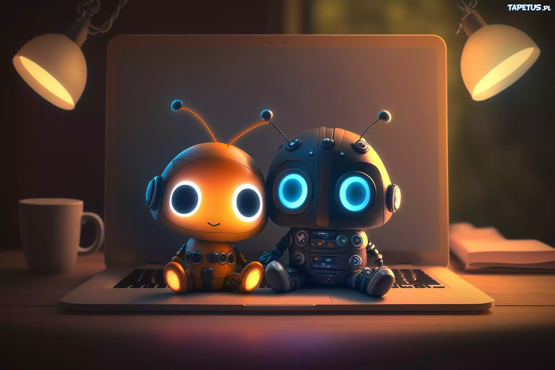 Dwa, Roboty, Biurko, Lampy, Laptop, Kubek, Książki, Grafika