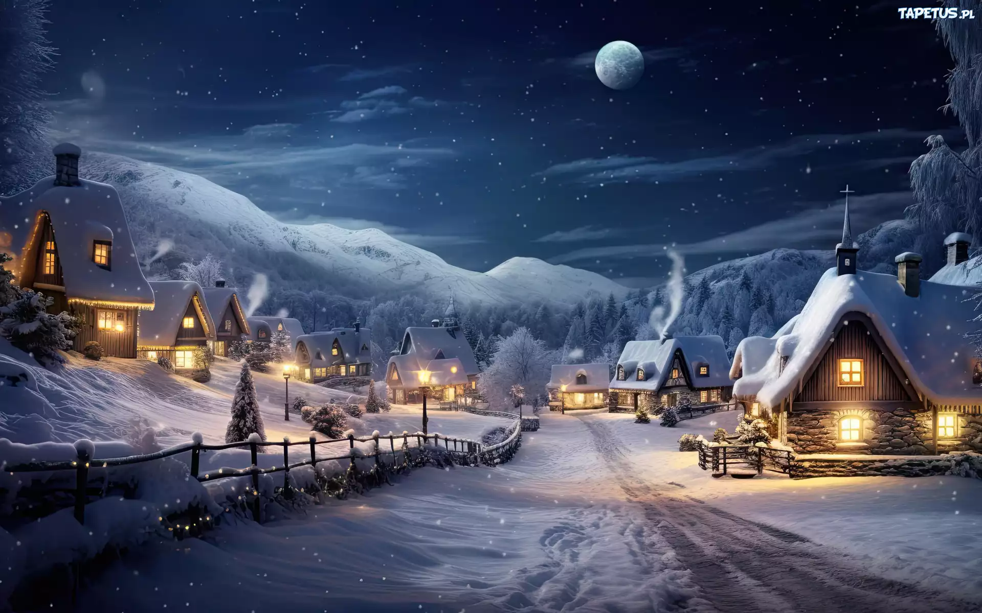 Zima, Domy, Wioska, Śnieg, Ogrodzenie, Światła, Góry, Księżyc, Noc