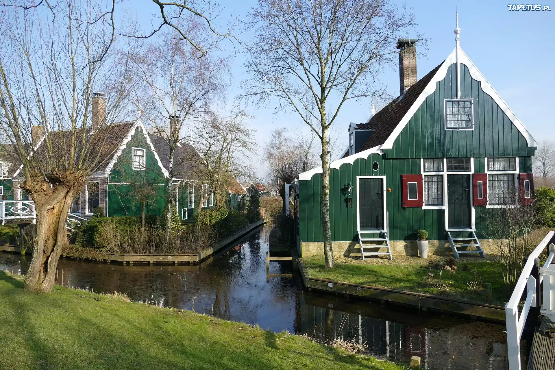 Domy, Drzewa, Kanał wodny, Skansen, Zaanse Schans, Holandia