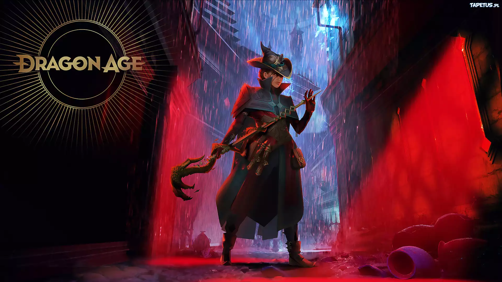 Gra, Dragon Age 4, Postać, Broń, Kapelusz, Domy, Deszcz, Czerwone, Światło