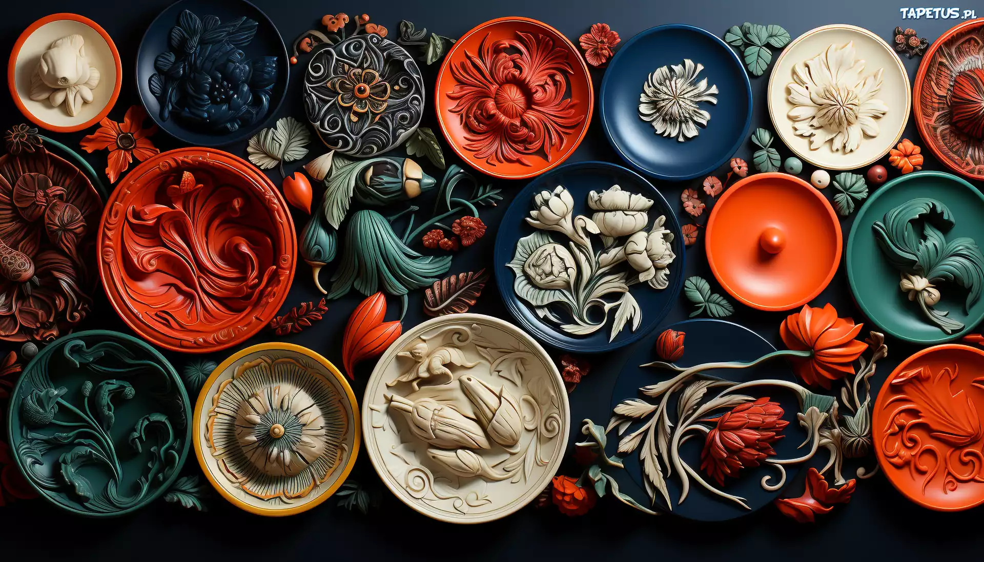 Kolorowe, Miski, Ceramiczne, Kwiaty, Rośliny, Grafika