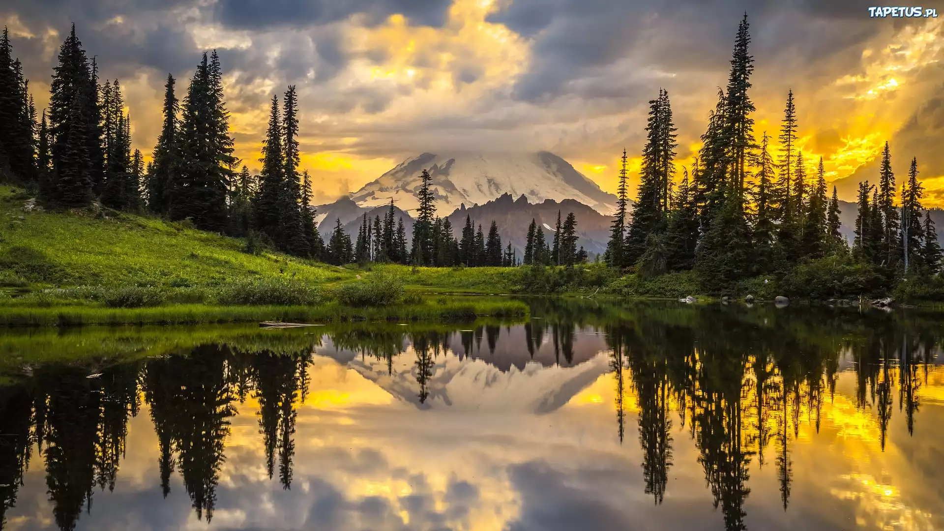Zachód słońca, Stratowulkan Mount Rainier, Jezioro, Tipsoo Lake, Waszyngton, Stany Zjednoczone, Drzewa, Odbicie