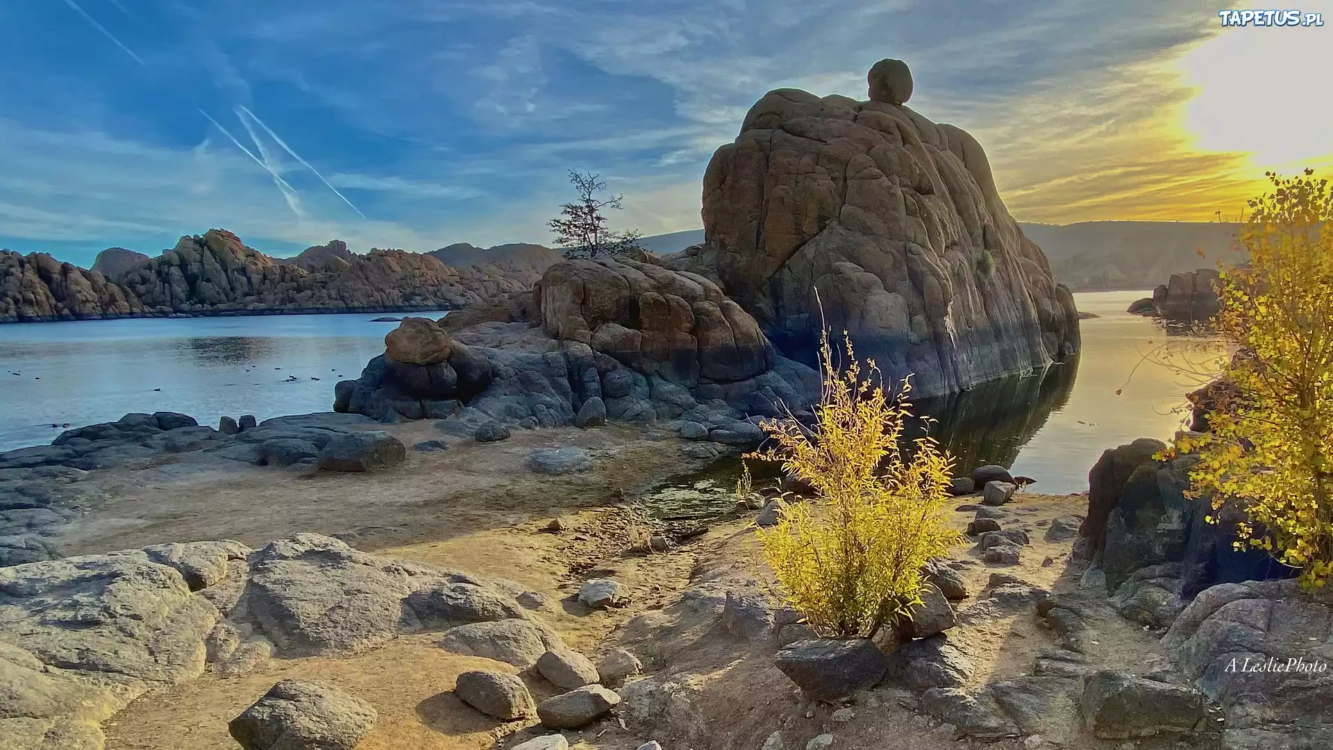 Jezioro, Watson Lake, Skały, Żółte, Krzewy, Prescott, Arizona