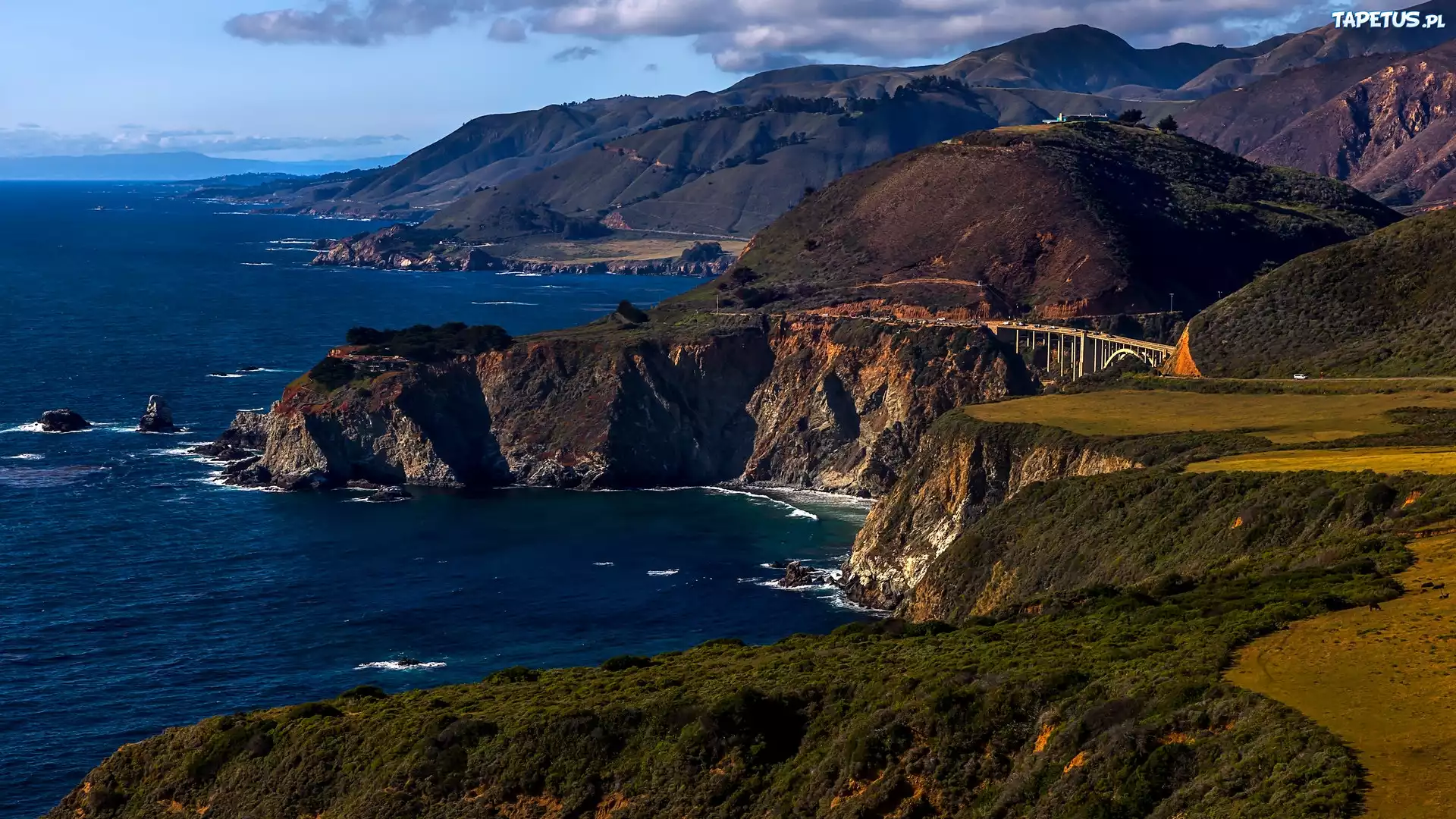 Morze, Góry, Klify, Wybrzeże, Most, Region Big Sur, Kalifornia, Stany Zjednoczone
