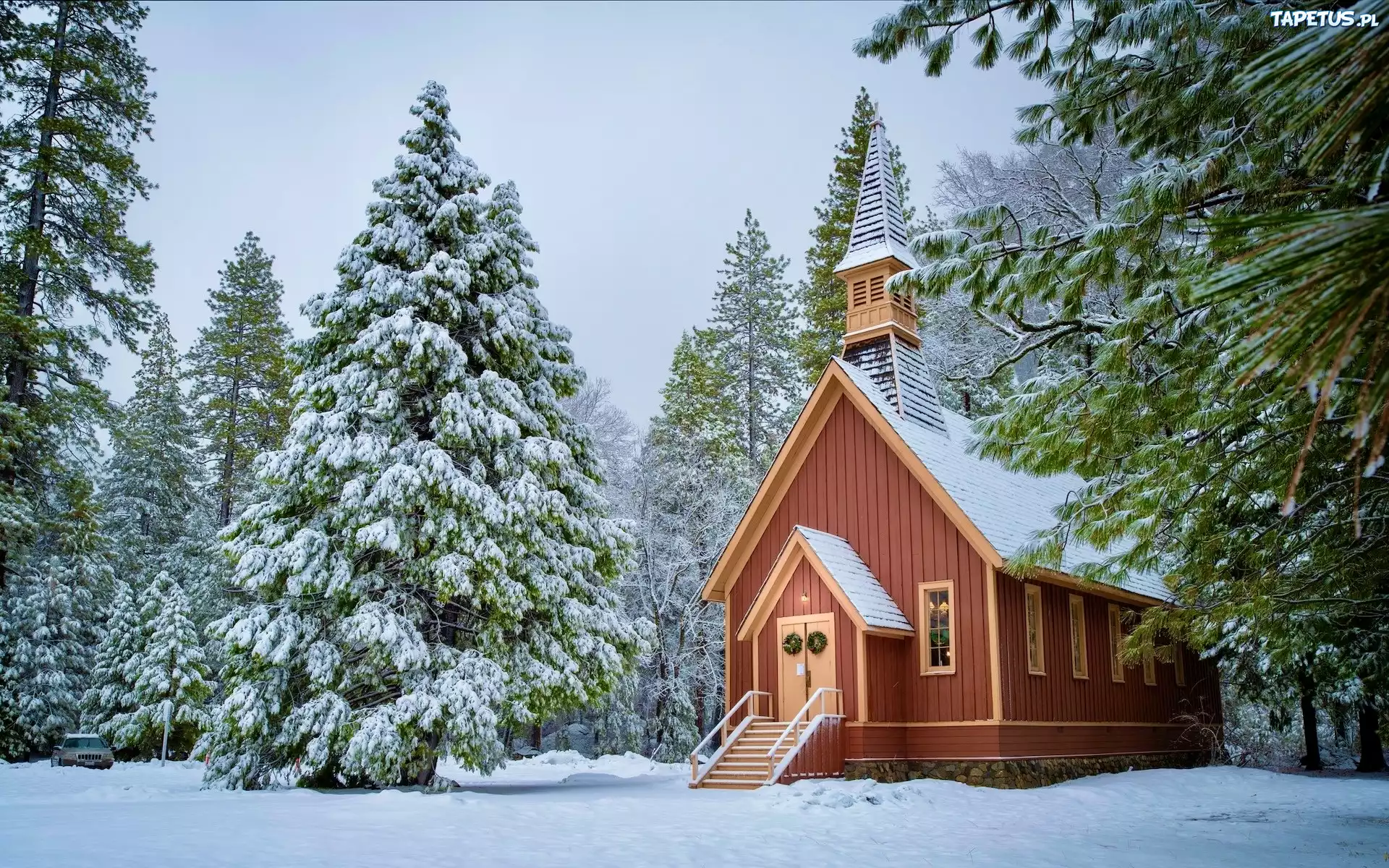 Stany Zjednoczone, Kalifornia, Park Narodowy Yosemite, Kościółek, Drzewa, Ośnieżone, Zima