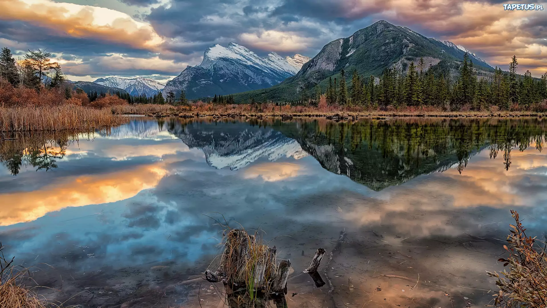 Kanada, Park Narodowy Banff, Chmury, Góry, Mount Rundle, Jezioro, Vermilion Lake
