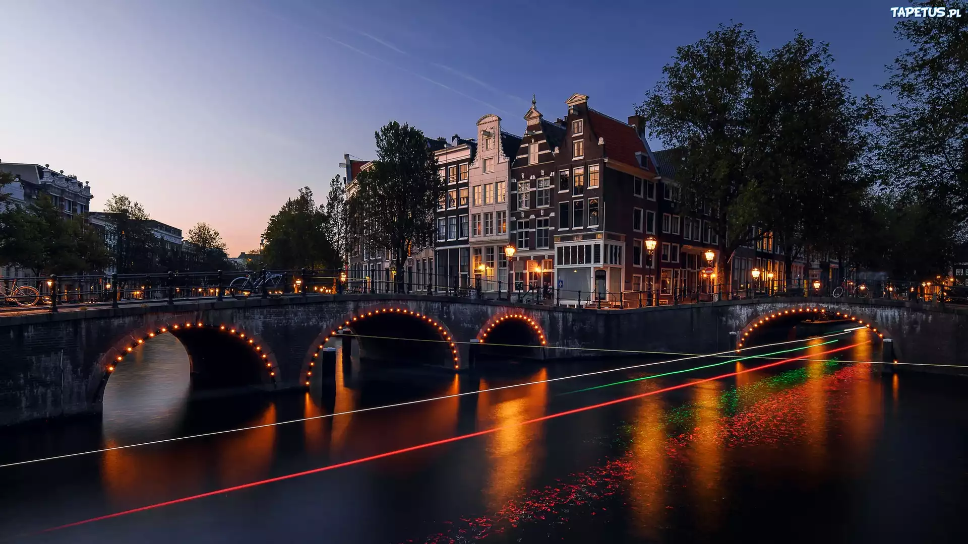 Most, Kanał Leidsegracht, Domy, Światła, Miasto, Amsterdam, Holandia
