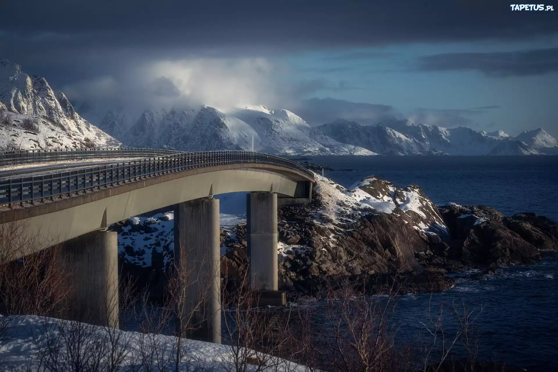 Most, Góry, Lofoty, Norwegia, Zima