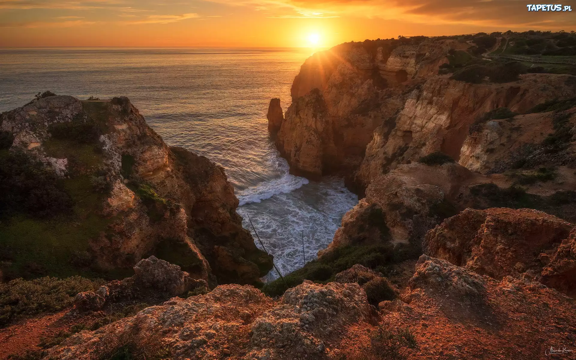 Portugalia, Algarve, Skały, Morze, Wschód słońca