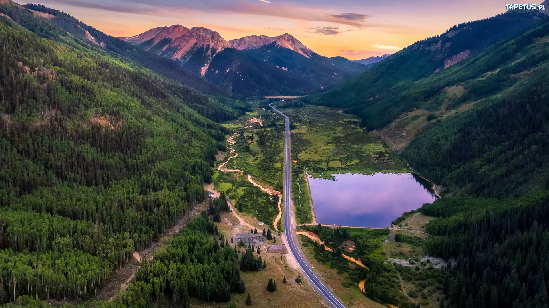 Stany Zjednoczone, Kolorado, Góry, San Juan Mountains, Jezioro, Lato, Drzewa, Lasy, Droga, Autostrada Million Dollar