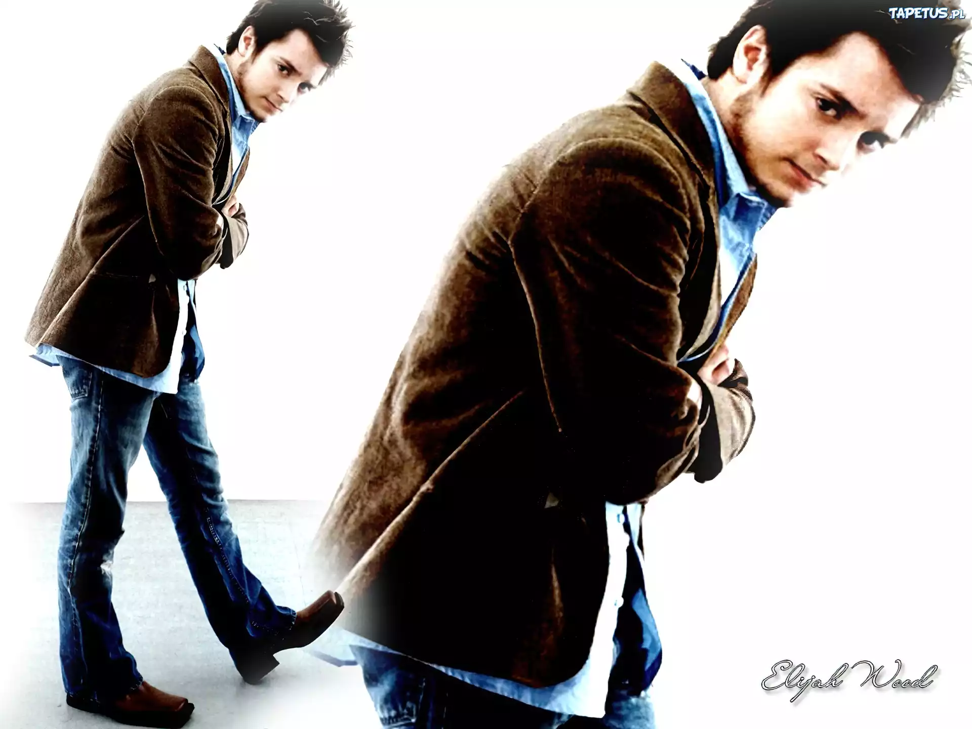 Elijah Wood,brązowa marynarka, jeansy