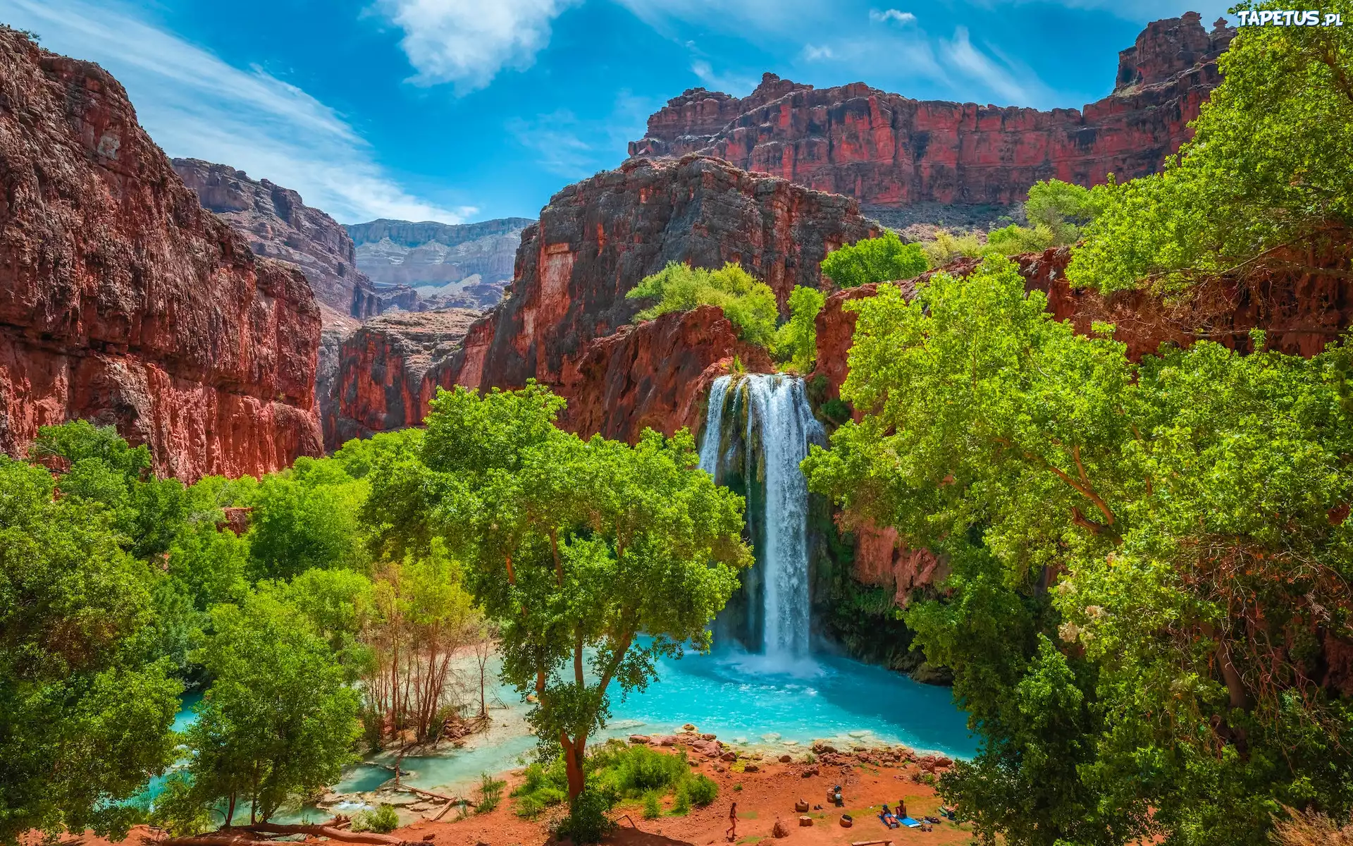 Stany Zjednoczone, Arizona, Park Narodowy Wielkiego Kanionu, Wielki Kanion Kolorado, Skały, Drzewa, Wodospad, Havasu Falls