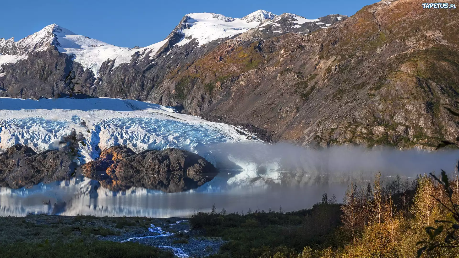 Góry, Skały, Śnieg, Jezioro Portage, Lodowiec, Portage Glacier, Drzewa, Alaska, Stany Zjednoczone