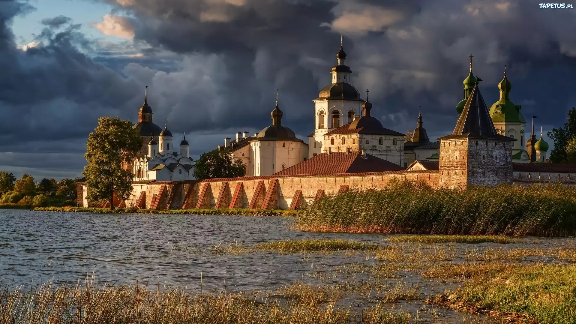 Cerkiew, Monaster Świętego Cyryla Biełozierskiego, Jezioro Białe, Drzewa, Trawa, Kiriłłow, Obwód wołogodzki, Rosja
